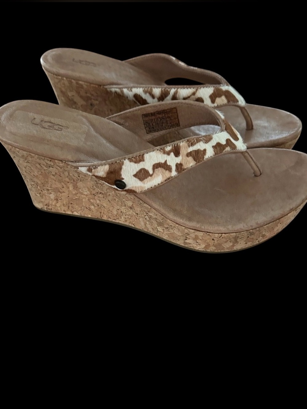 7.5 UGG Women's Tan Cork Wedge Flip Flop with Cowhide-Pattern Strap